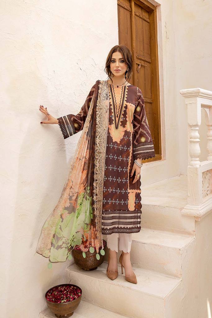 3 Pc Unstitched Printed Lawn With Chiffon Dupatta AN-02